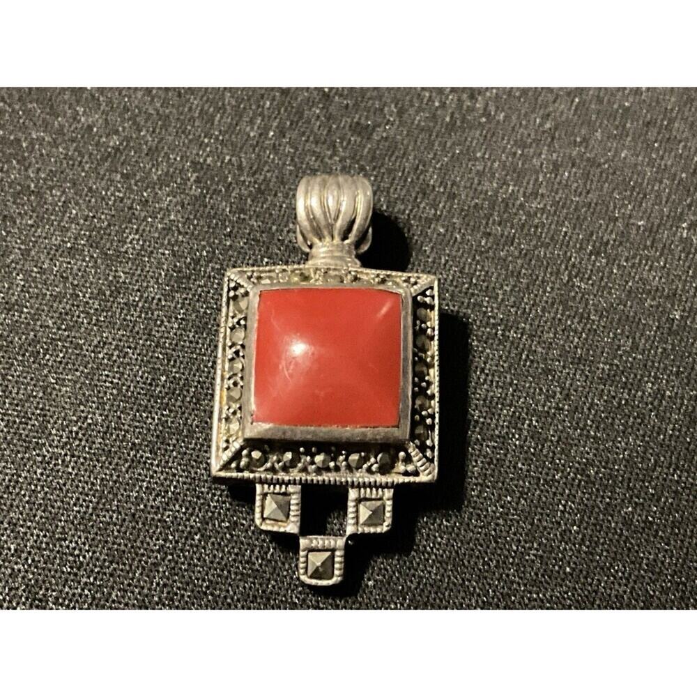 925 Sterling Silver Marcacites & Coral Pendant